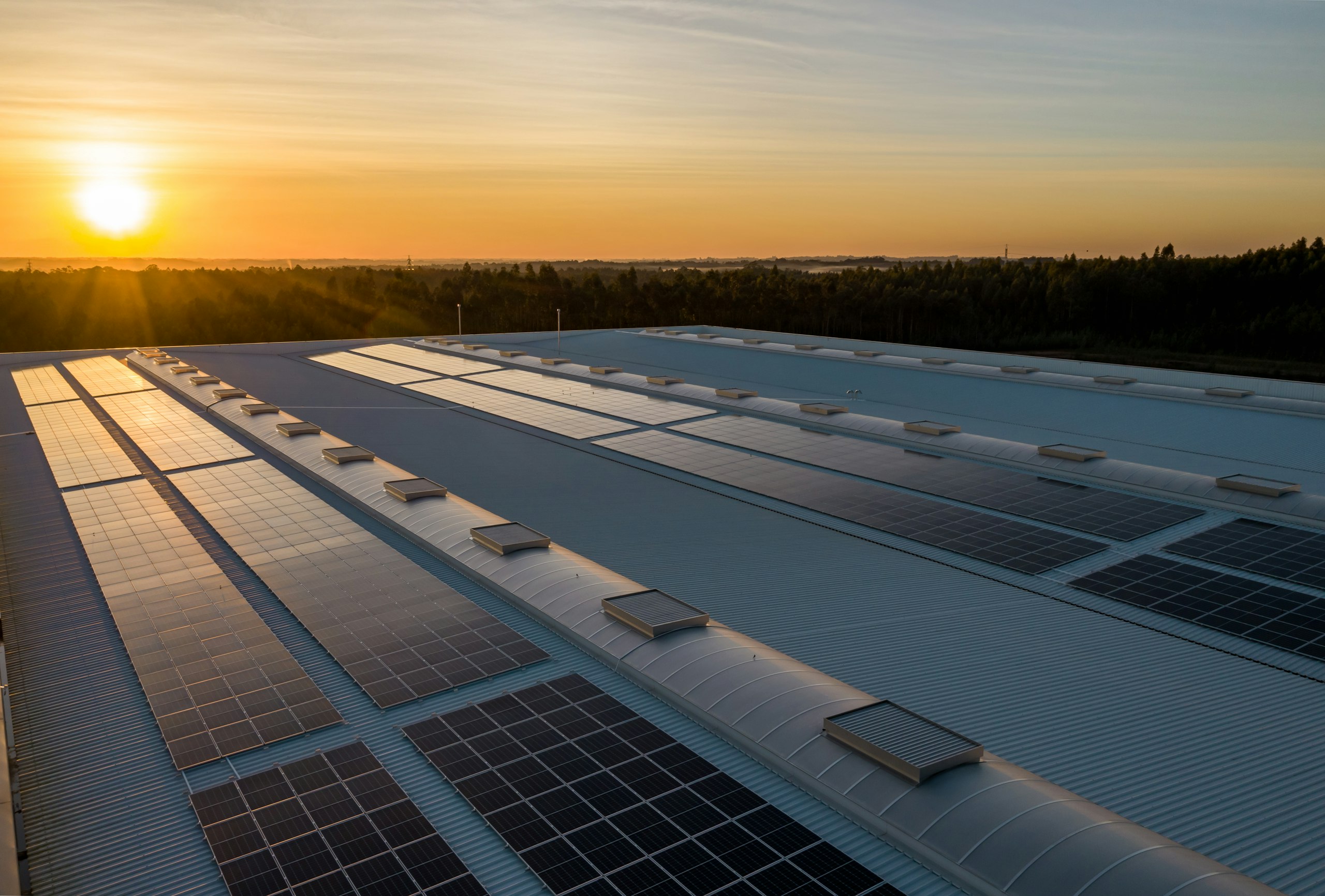 Large scale solar panel array with grid infrastructure at sunset for G99 DNO applications above 50kW